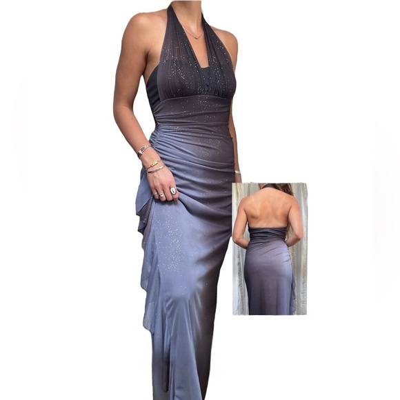 Vintage y2k Blondie Nites Glitter Ombre Purple Halter Ruched Formal Dress S/M - Picture 1 of 11